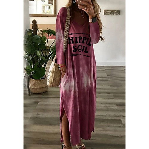 

Women's Maxi Loose Dress - Long Sleeve Print V Neck Loose Blushing Pink Khaki Green Gray S M L XL XXL