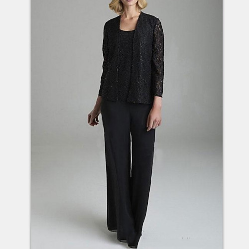 

Pantsuit / Jumpsuit Mother of the Bride Dress Elegant Jewel Neck Floor Length Chiffon Long Sleeve with Lace 2021