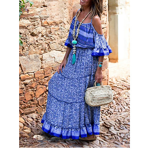 

Women's Maxi Tunic Dress - Half Sleeve Floral Strap Blue Red Light Blue S M L XL XXL XXXL