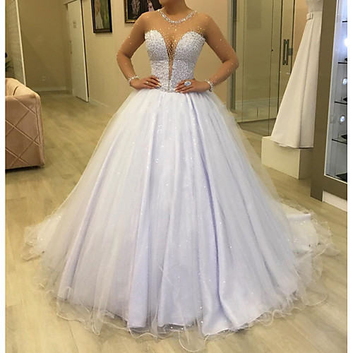 

A-Line Wedding Dresses Jewel Neck Sweep / Brush Train Polyester Long Sleeve Country Plus Size with Crystals 2021