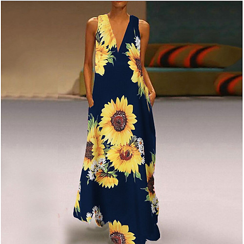 

Women's Maxi Shift Dress - Sleeveless Print V Neck Wine White Black Green Navy Blue S L XL XXL XXXL XXXXL XXXXXL