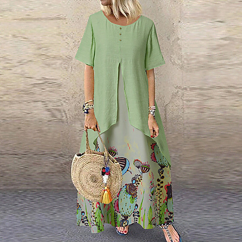 

Women's Plus Size Maxi Butterfly Swing Dress - Short Sleeves Geometric Patchwork Print Vintage Style Daily Loose Blushing Pink Green Beige M L XL XXL XXXL XXXXL XXXXXL