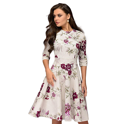 

Women's A Line Dress Midi Dress White Red 3/4 Length Sleeve Print Round Neck S M L XL XXL 3XL