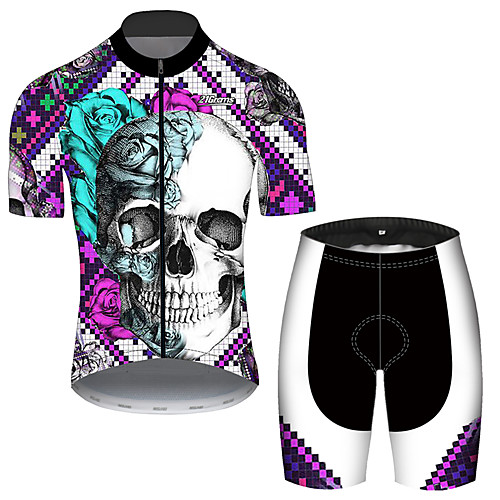 

21Grams Men's Short Sleeve Cycling Jersey with Shorts Black / White Plaid Checkered Skull Rose Bike Clothing Suit UV Resistant Breathable 3D Pad Quick Dry Reflective Strips Sports Plaid Checkered