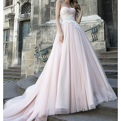 

A-Line Wedding Dresses Strapless Sweep / Brush Train Lace Taffeta Tulle Sleeveless Country Plus Size with Appliques 2021