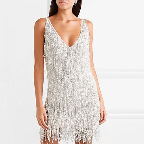 

Women's Mini Sheath Dress - Sleeveless Solid Colored Backless Tassel Fringe Glitter Deep V Elegant Sexy Cocktail Party New Year Going out Silver S M L XL XXL