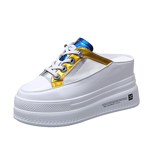 

Women's Clogs & Mules 2020 Wedge Heel Round Toe PU / Elastic Fabric Sweet / Preppy Spring & Fall / Spring & Summer Wine / White / Blue