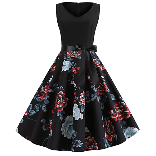 

Women's Swing Dress - Sleeveless Print Patchwork Print V Neck Vintage Style Street chic Party Daily Black S M L XL XXL / Cotton