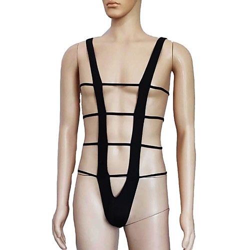 

Men's Cut Out Bodysuits Nightwear Solid Colored Black One-Size