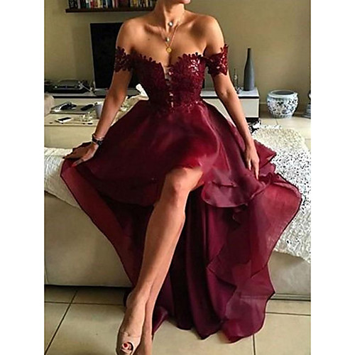 

A-Line Beautiful Back Sexy Homecoming Cocktail Party Valentine's Day Dress Off Shoulder Sleeveless Asymmetrical Polyester with Ruffles Appliques 2021