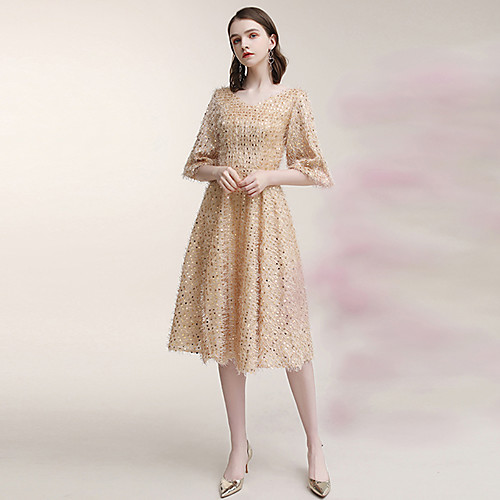 

A-Line Sparkle Homecoming Cocktail Party Dress V Neck Half Sleeve Knee Length Sequined with Sequin 2021