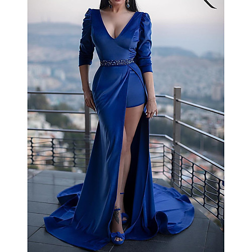 

Mermaid / Trumpet Sexy Engagement Formal Evening Dress V Neck Half Sleeve Court Train Polyester with Sash / Ribbon 2021