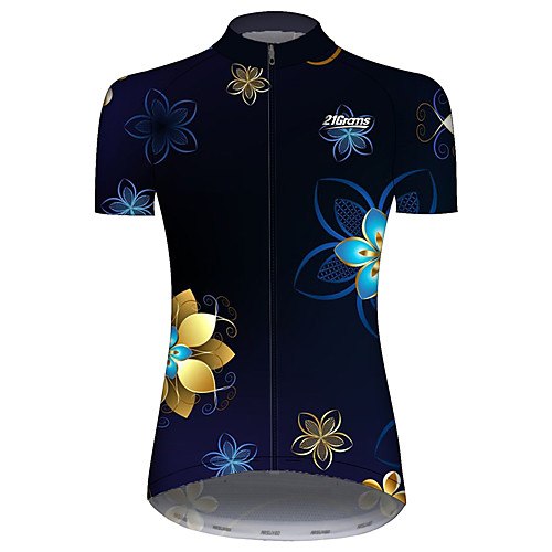 

21Grams Women's Short Sleeve Cycling Jersey Black / Blue Floral Botanical Bike Jersey Top Mountain Bike MTB Road Bike Cycling UV Resistant Breathable Quick Dry Sports Clothing Apparel / Stretchy