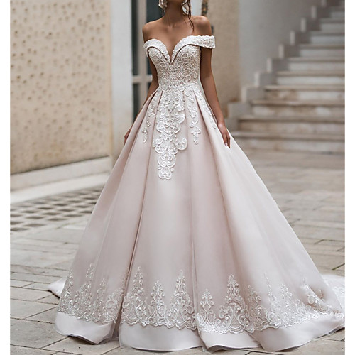 

Ball Gown Wedding Dresses Off Shoulder Court Train Polyester Cap Sleeve Country Plus Size with Appliques 2021