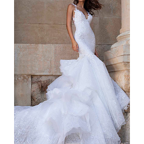 

Mermaid / Trumpet Wedding Dresses V Neck Court Train Polyester Sleeveless Country Plus Size with Appliques Cascading Ruffles 2021