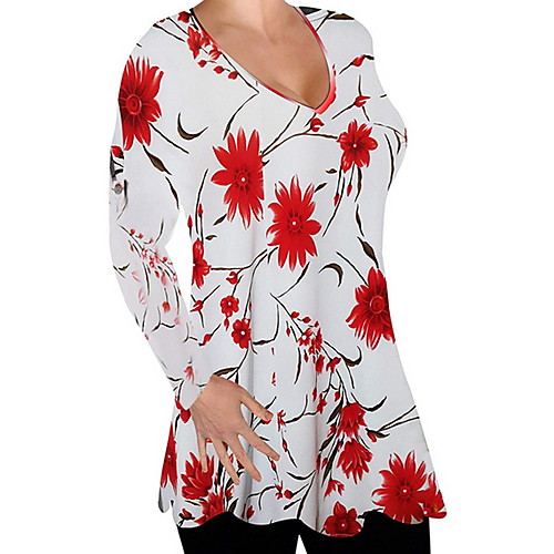 

Women's Blouse Floral Print Long Sleeve Daily Tops Red Fuchsia Green