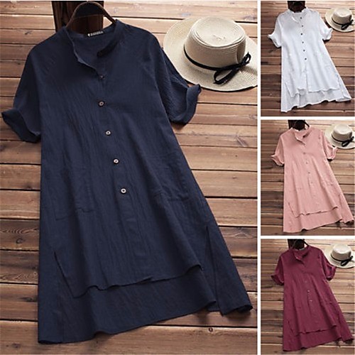 

Women's Loose Dress - Short Sleeves Solid Color Shirt Collar Wine White Blue Blushing Pink S M L XL XXL XXXL XXXXL XXXXXL