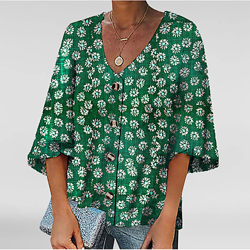 

Women's Blouse Shirt Geometric Print V Neck Tops Basic Top Blue Green