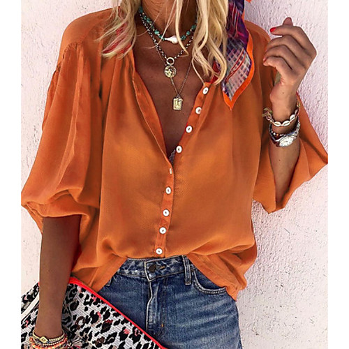 

Women's Solid Colored Print Loose Shirt Daily Shirt Collar Blue / Red / Yellow / Orange / Green