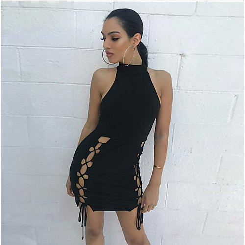 

Women's Mini Bodycon Dress - Long Sleeve Solid Color Halter Neck Slim Black S M L