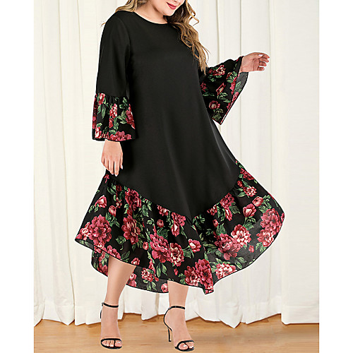 

Women's Plus Size Maxi A Line Dress - Long Sleeve Floral Color Block Solid Color Patchwork Casual Boho Daily Going out Flare Cuff Sleeve Belt Not Included Loose Black L XL XXL XXXL XXXXL / Retro