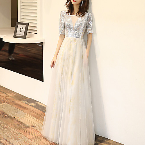 

A-Line Sparkle White Wedding Guest Prom Dress Scoop Neck Half Sleeve Floor Length Tulle Sequined with Sequin 2021
