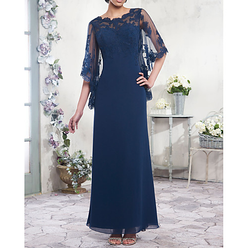 

Sheath / Column Mother of the Bride Dress Elegant Illusion Neck Floor Length Chiffon Lace Half Sleeve with Lace Appliques 2021