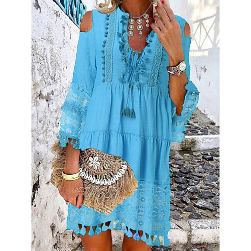 

Women's Shift Dress Short Mini Dress - 3/4 Length Sleeve Lace Tassel Fringe Cold Shoulder Summer Deep V Casual Boho Holiday Vacation Beach 2020 White Blue Yellow Blushing Pink Beige S M L XL XXL XXXL