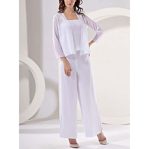 

Pantsuit / Jumpsuit Mother of the Bride Dress Elegant Square Neck Floor Length Chiffon Long Sleeve with Split Front 2021
