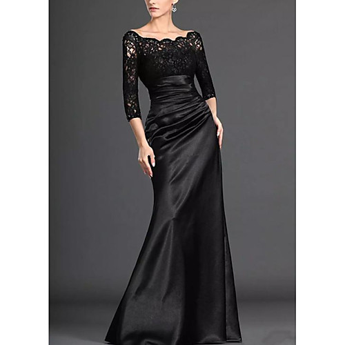 

Mermaid / Trumpet Mother of the Bride Dress Elegant Off Shoulder Floor Length Lace Stretch Satin 3/4 Length Sleeve with Pleats Draping 2020