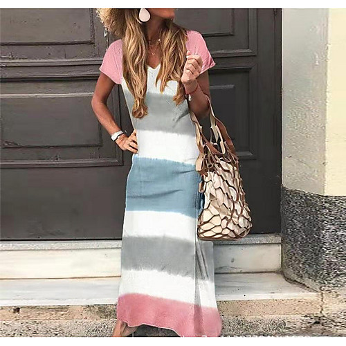 

Women's Maxi Sheath Dress - Short Sleeves Color Block V Neck Green Light Blue S M L XL XXL XXXL XXXXL XXXXXL