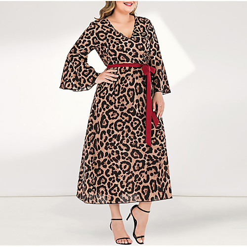 

Women's Plus Size Maxi A Line Dress - Long Sleeve Leopard Pleated Patchwork V Neck Casual Daily Flare Cuff Sleeve Belt Not Included Yellow L XL XXL XXXL XXXXL