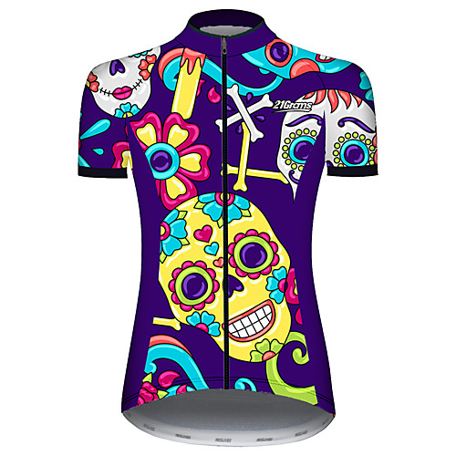 

21Grams Women's Short Sleeve Cycling Jersey Violet Skull Floral Botanical Bike Jersey Top Mountain Bike MTB Road Bike Cycling UV Resistant Breathable Quick Dry Sports Clothing Apparel / Stretchy