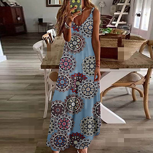 

Women's Maxi Sheath Dress - Sleeveless Geometric Print Strap Boho Daily Black Blue Yellow Rainbow S M L XL XXL XXXL XXXXL XXXXXL