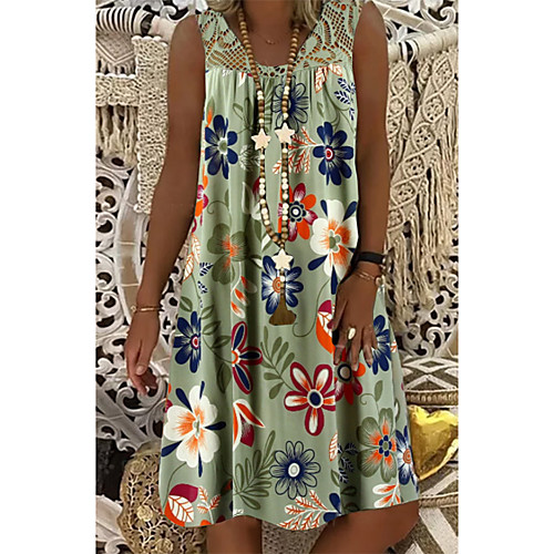 

Women's Plus Size Shift Dress Knee Length Dress - Sleeveless Floral Lace Print Summer Mumu Vacation Beach 2020 White Army Green Fuchsia M L XL XXL XXXL XXXXL XXXXXL