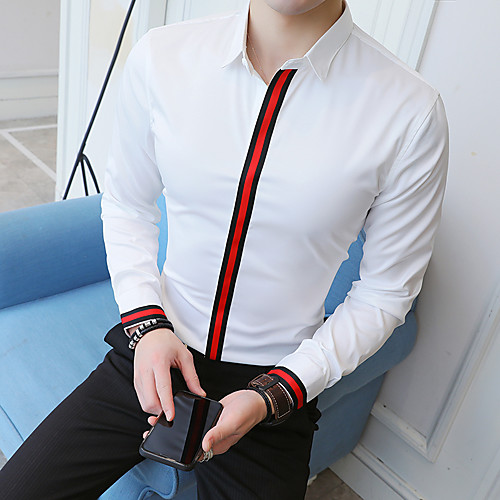 

Men's Striped Solid Colored Shirt Basic Elegant Daily Going out White / Black / Long Sleeve / Skinny