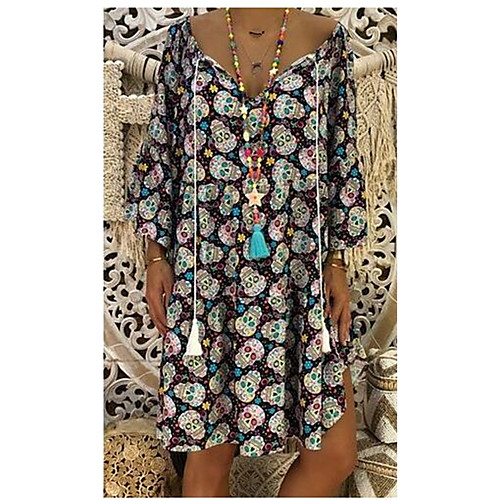 

Women's A Line Dress - 3/4 Length Sleeve Print Summer Fall V Neck Vintage Retro Black Red S M L XL XXL XXXL XXXXL XXXXXL