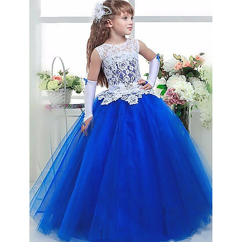 

Ball Gown Floor Length Party / Wedding Flower Girl Dresses - Lace / Satin / Taffeta Sleeveless Jewel Neck with Tier / Appliques