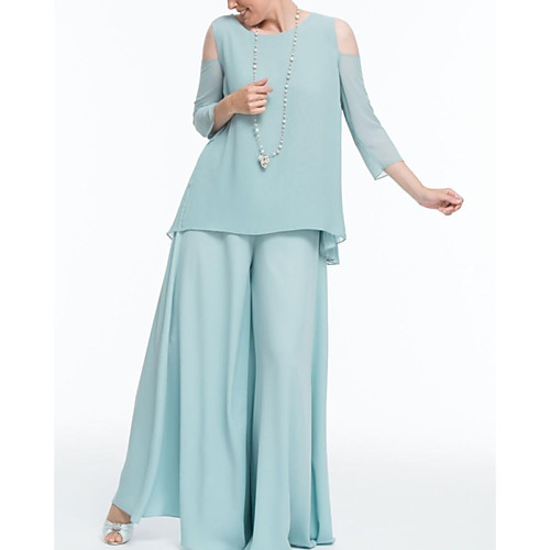 

Pantsuit / Jumpsuit Mother of the Bride Dress Elegant Jewel Neck Floor Length Chiffon 3/4 Length Sleeve with Ruching 2021