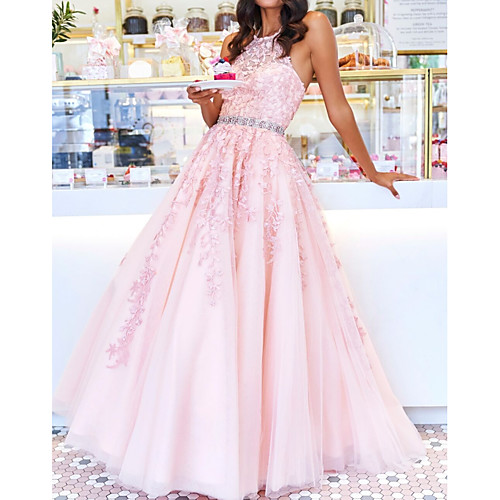 

Ball Gown Floral Engagement Prom Dress Halter Neck Sleeveless Floor Length Polyester with Crystals Beading Appliques 2021