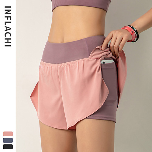 

INFLACHI Women's Running Shorts Athletic Shorts Workout Shorts 2 in 1 with Phone Pocket Sports Bottoms Running Marathon Jogging Training Lightweight Breathable Quick Dry Solid Colored Black Blushing