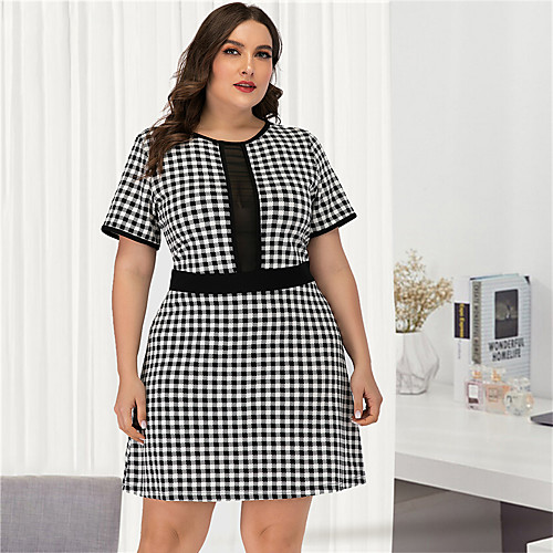 

Women's Plus Size Black & White A Line Dress - Short Sleeves Check Mesh Patchwork Sexy Street chic Daily Going out Belt Not Included Black L XL XXL XXXL XXXXL