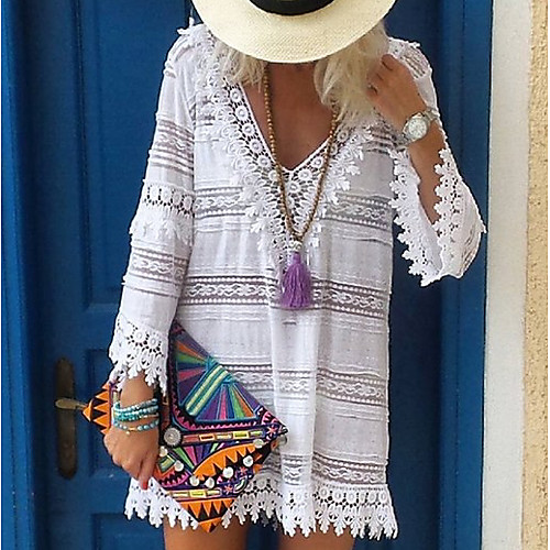 

Women's Shift Dress Knee Length Dress - Long Sleeve Solid Color V Neck Elegant Loose White S M L XL XXL
