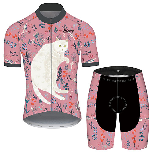 

21Grams Men's Short Sleeve Cycling Jersey with Shorts Spandex Polyester Pink / Black Cat Animal Floral Botanical Bike Clothing Suit UV Resistant Breathable 3D Pad Quick Dry Sweat-wicking Sports Cat