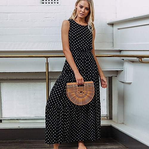 

Women's Maxi A Line Dress - Sleeveless Polka Dot Black Yellow Navy Blue S M L XL XXL XXXL