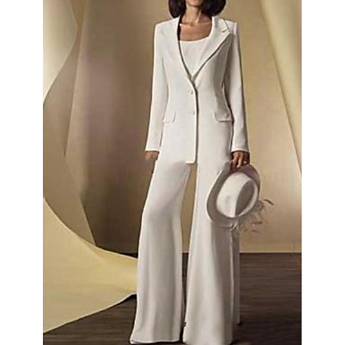 

Pantsuit / Jumpsuit Mother of the Bride Dress Elegant Jewel Neck Floor Length Polyester Long Sleeve with Buttons 2021