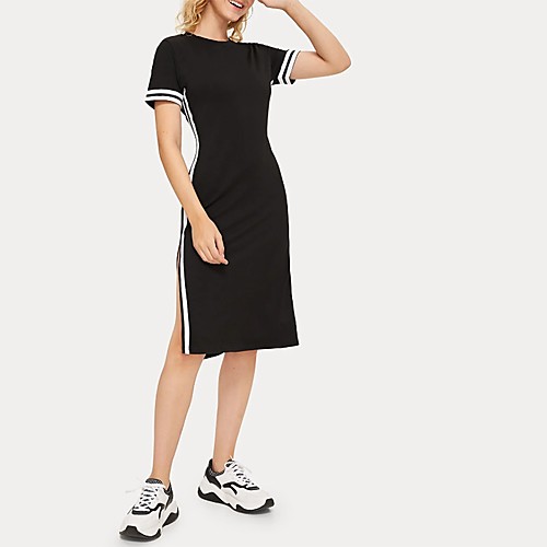 

Women's Sheath Dress - Short Sleeves Color Block Black S M L XL