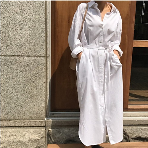 

Women's Sheath Dress - Long Sleeve Solid Color Shirt Collar Loose White S M L XL / Cotton