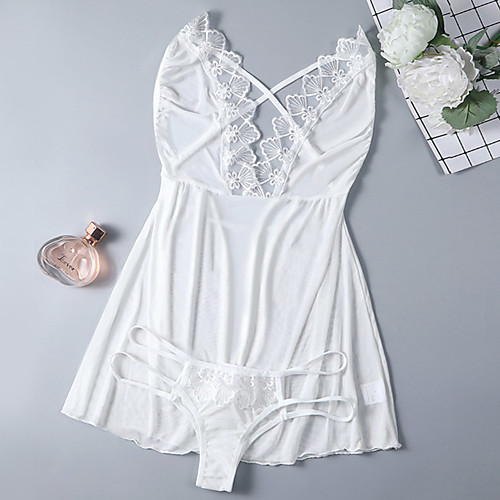 

Women's Lace / Backless / Cut Out Suits Nightwear Solid Colored White S M L