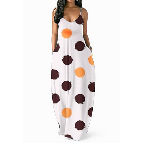 

Women's Maxi Loose Dress - Sleeveless Polka Dot Summer Strap Elegant Maxi Dress Holiday Home White Yellow Brown S M L XL XXL